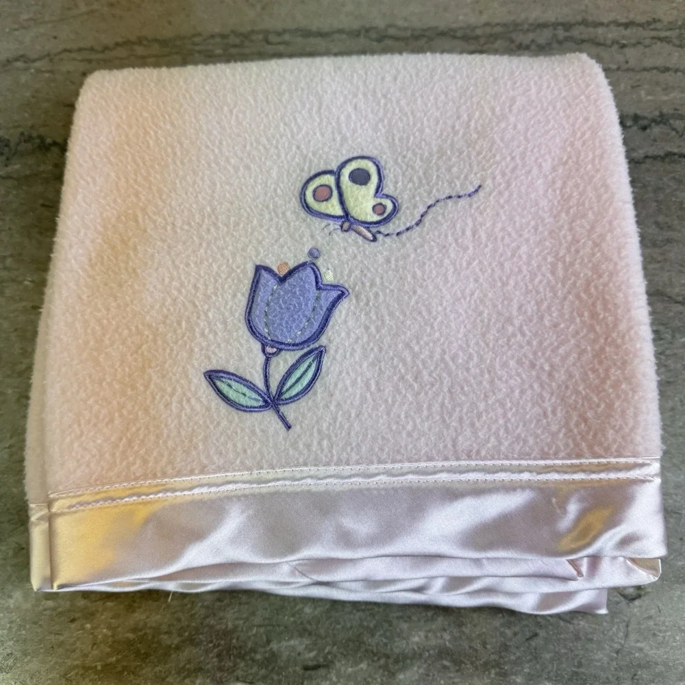 Vtg Wamsutta Baby Blanket Pink‎ Satin Trim Flower Butterfly